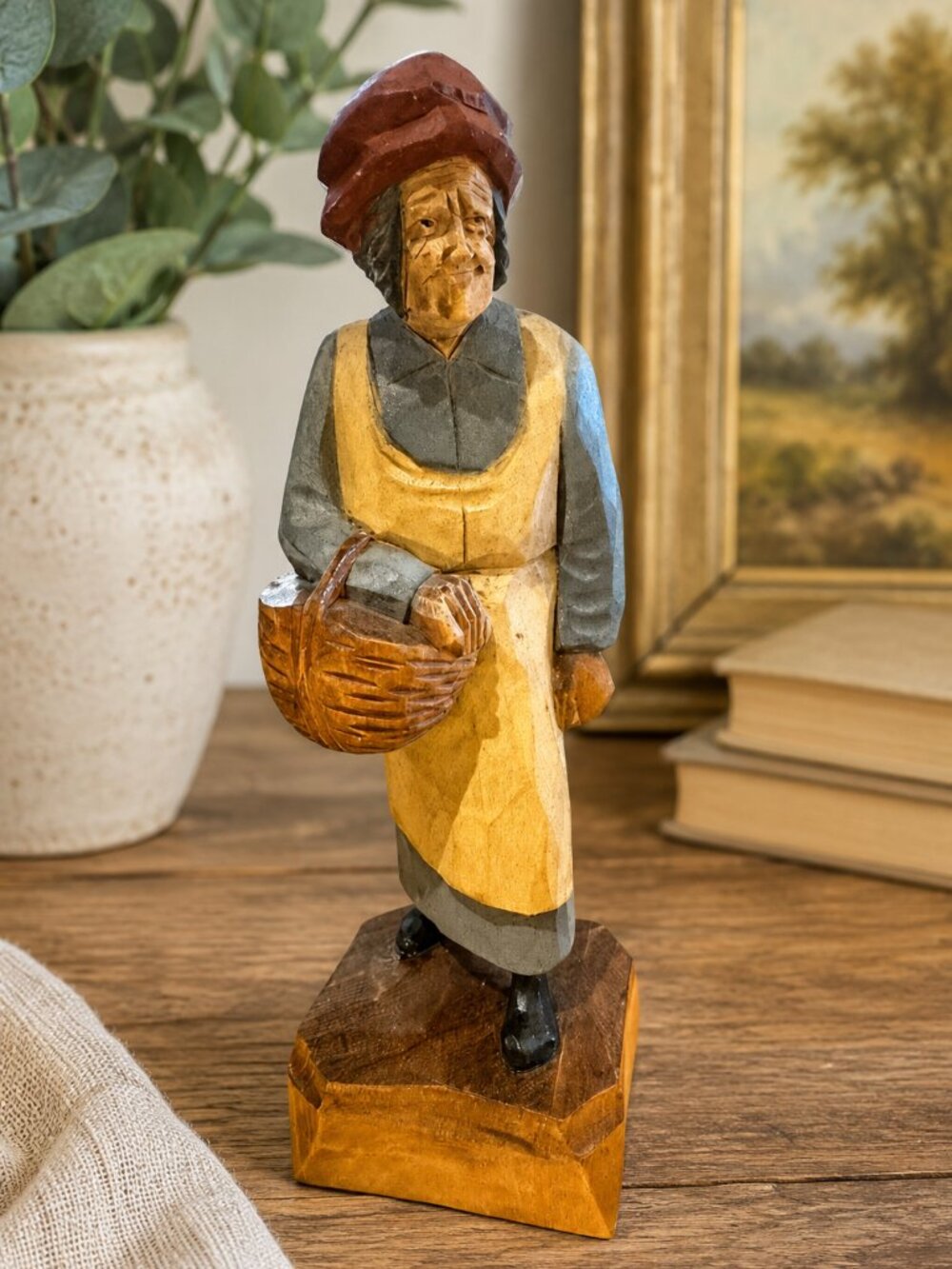 Vtg Hand Carved Wood Old Lady Figurine Folk Art Country Farm Woman Statue 10"